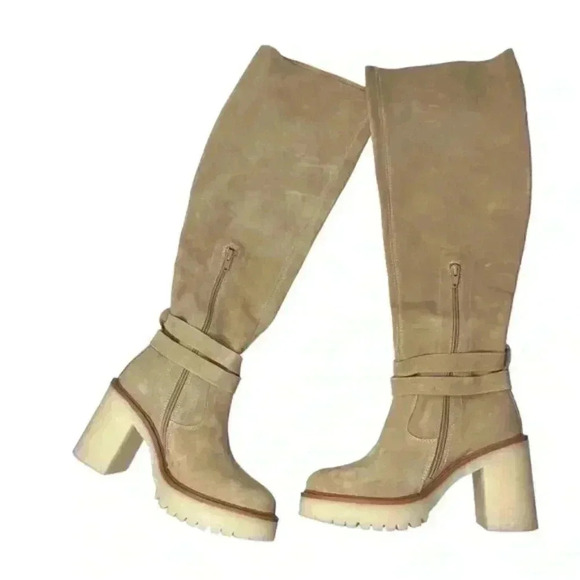 FREE PEOPLE Jasper Platform Over The Knee Boots Suede Tan Gum Sole OTK - Picture 5 of 8